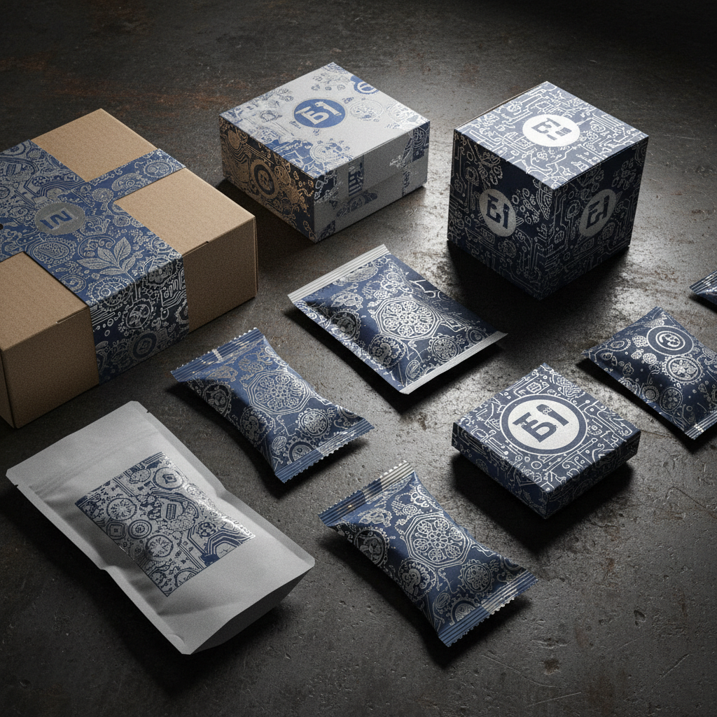 Colorful snack foods arranged on dark surface with premium packaging, food industry photography