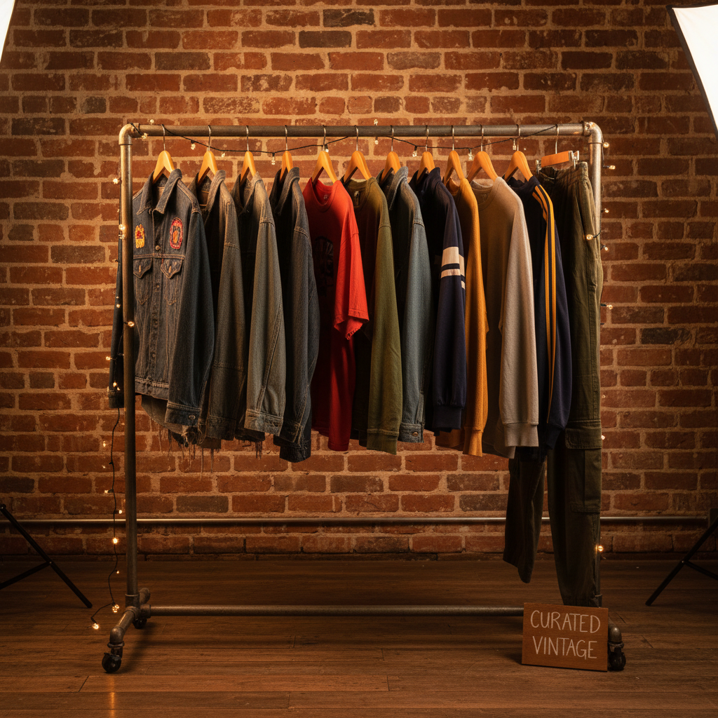 Urban streetwear clothing display in dark moody studio with atmospheric low lighting