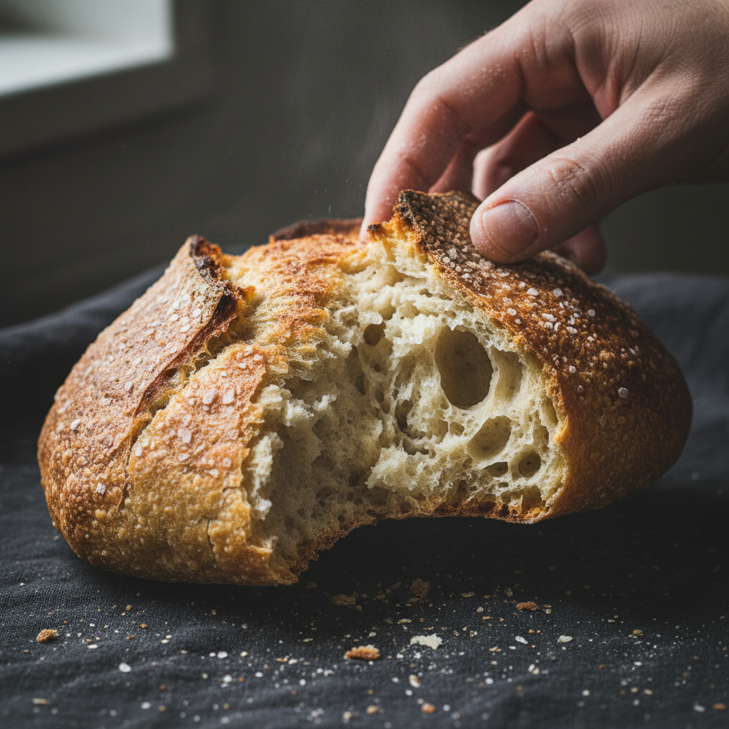 Close-up of hand tearing crusty sourdough bread over a ceramic plate with olive oil and sea salt crystals scattered on dark linen