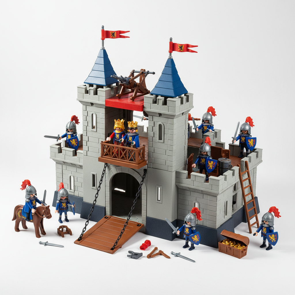 Vintage 1993 Playmobil castle set in like-new condition with all figures and accessories present, drawbridge functional