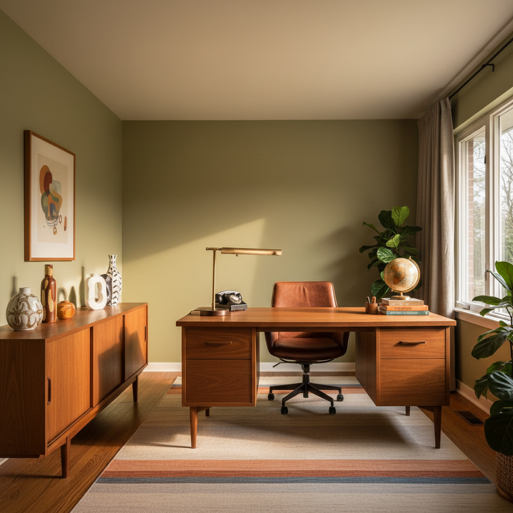 Mid-century modern study with walnut desk, leather task chair, and teak credenza in warm directional light