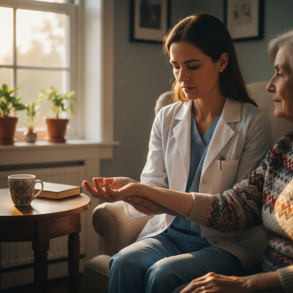 Physician gently holding elderly patient's wrist during a pulse check, both seated in a sunlit room with a ceramic mug on the side table