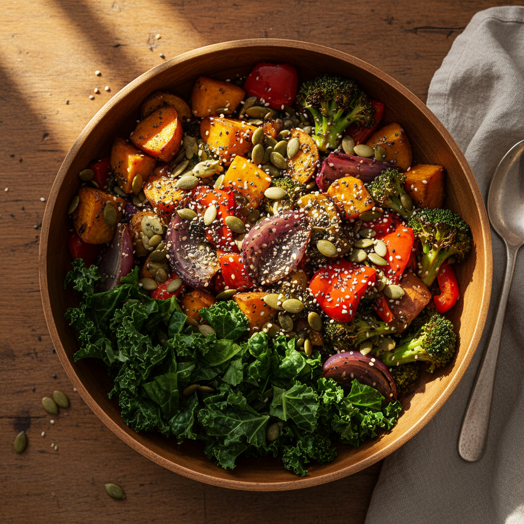 Vibrant healthy food bowl with greens, grains, and colorful toppings in bright studio lighting