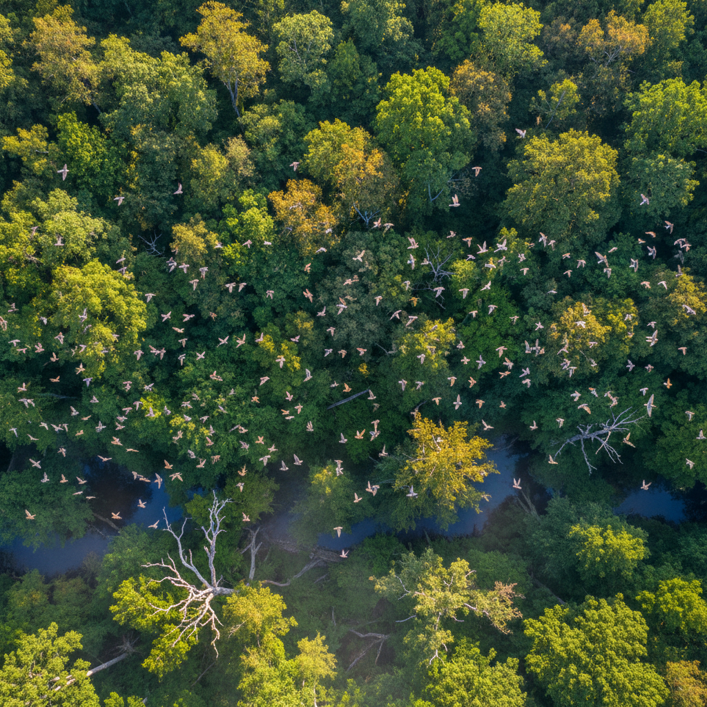 Aerial view of green forest canopy showing bird migration habitat from above