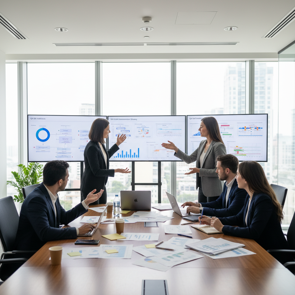 Executive in boardroom discussing business strategy with colleagues