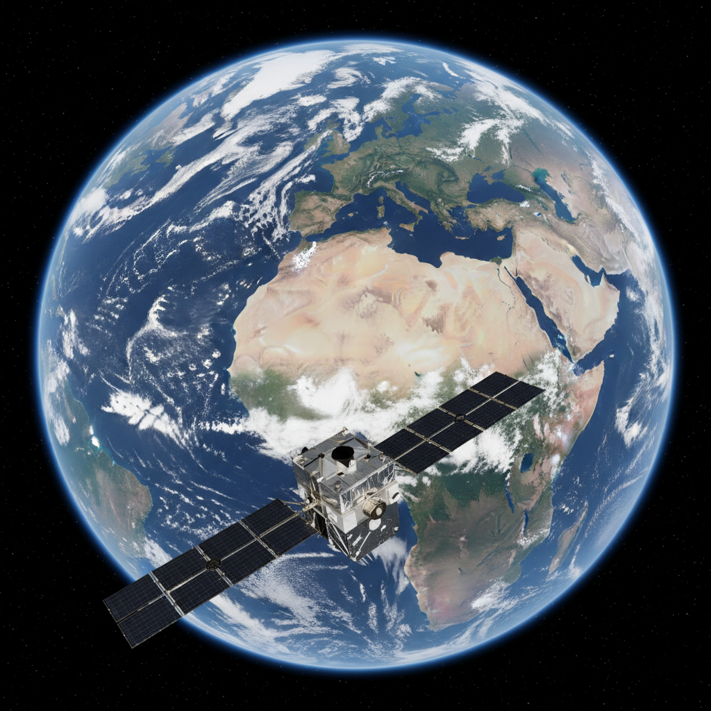 Satellite orbiting Earth in dark space, high-resolution Earth observation, technical precision, dark background