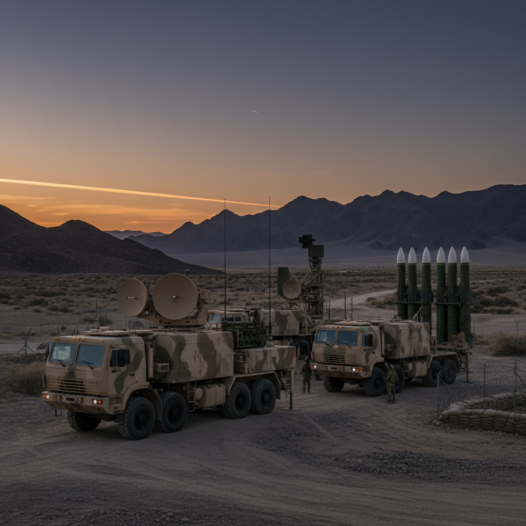 Desert terrain at dusk with vast dark landscape, dramatic low-key military atmosphere, deep shadows across arid ground, muted earth tones