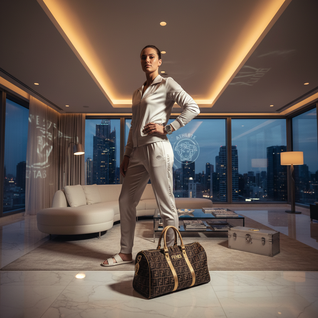 Elegant woman with blonde hair in sophisticated navy blazer standing in modern luxury apartment