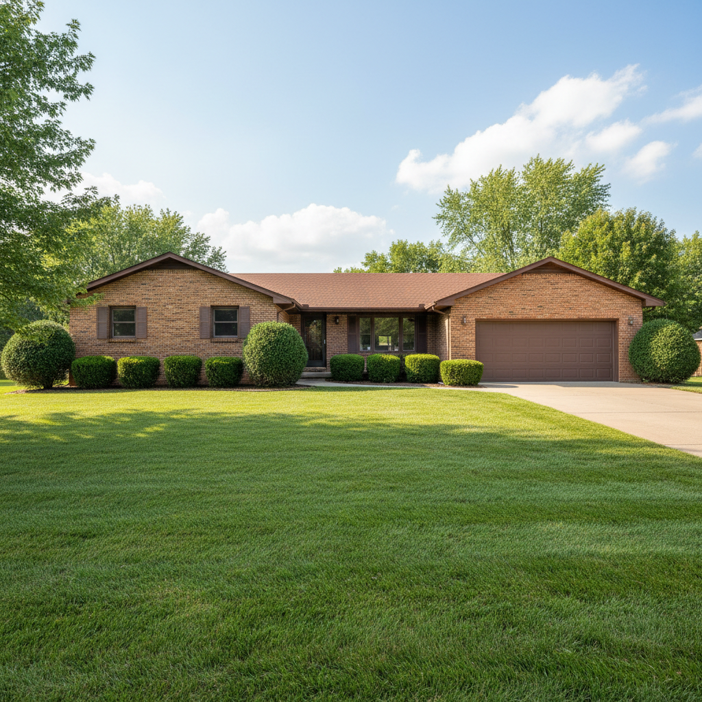 Single-story ranch house beige exterior driveway sunny suburban street