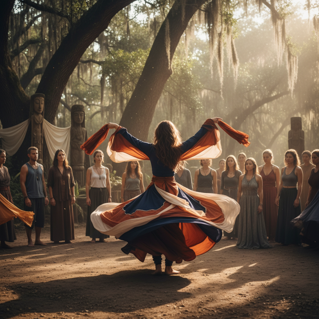 Adaeze Okonkwo, founder of Pulse, mid-movement during a dance ceremony she leads weekly