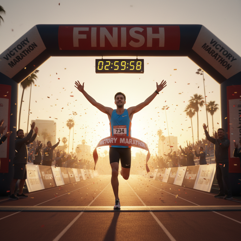 Runner crossing finish line at dusk with arms raised, race bib number clearly visible