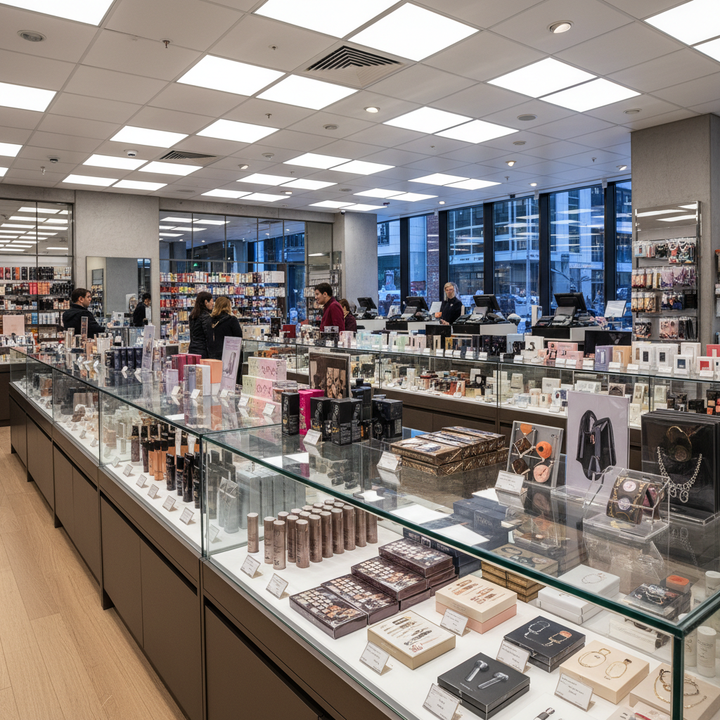 Clean retail store interior with staff at registers ready to serve customers