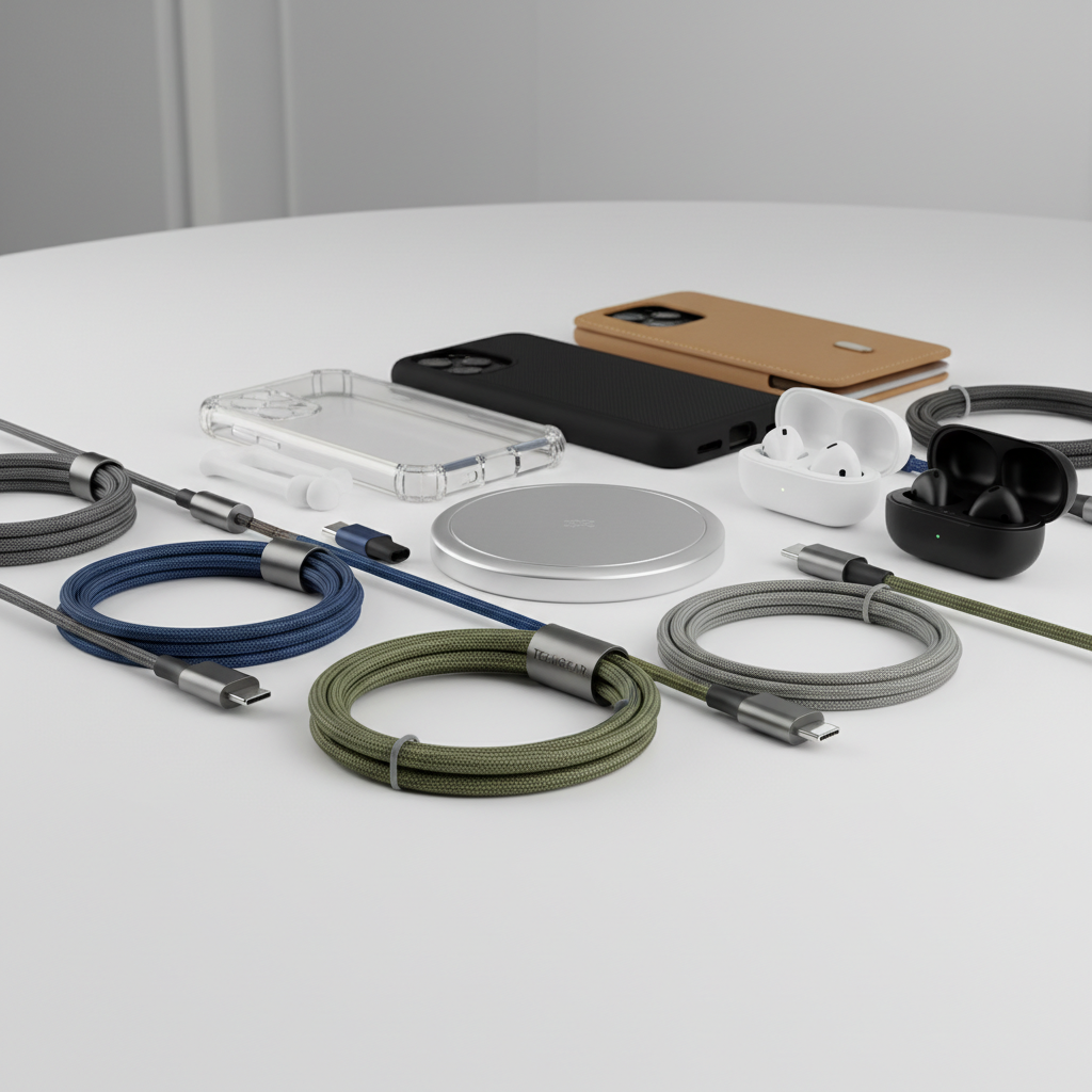 Modern smartphone and tech accessories on a white desk surface