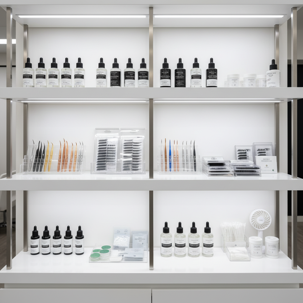 Professional lash extension supplies and adhesives organized in salon storage