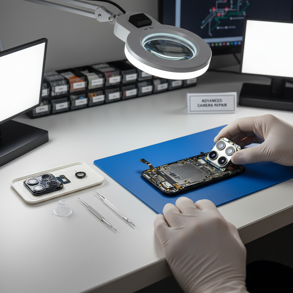 Smartphone rear camera module being replaced in a bright clean repair workshop