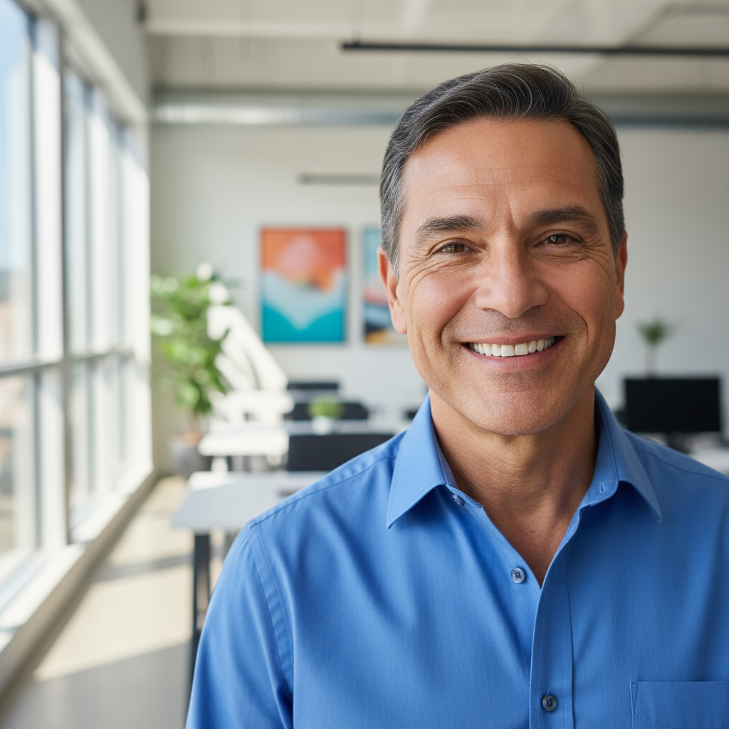 Portrait of a Latino man in his late 30s smiling slightly, wearing a white shirt in a modern office