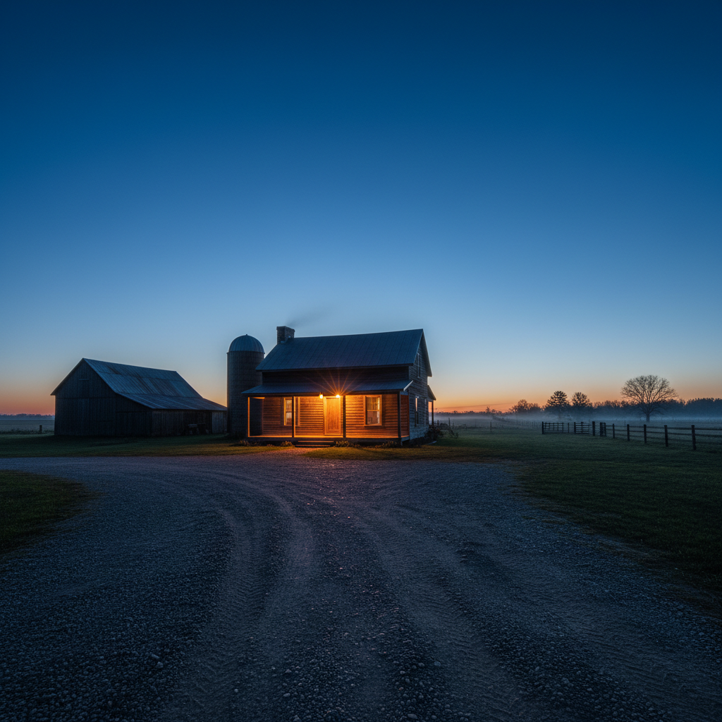 Farmstead at dusk with porch light on, gravel driveway disappearing into blue-hour darkness