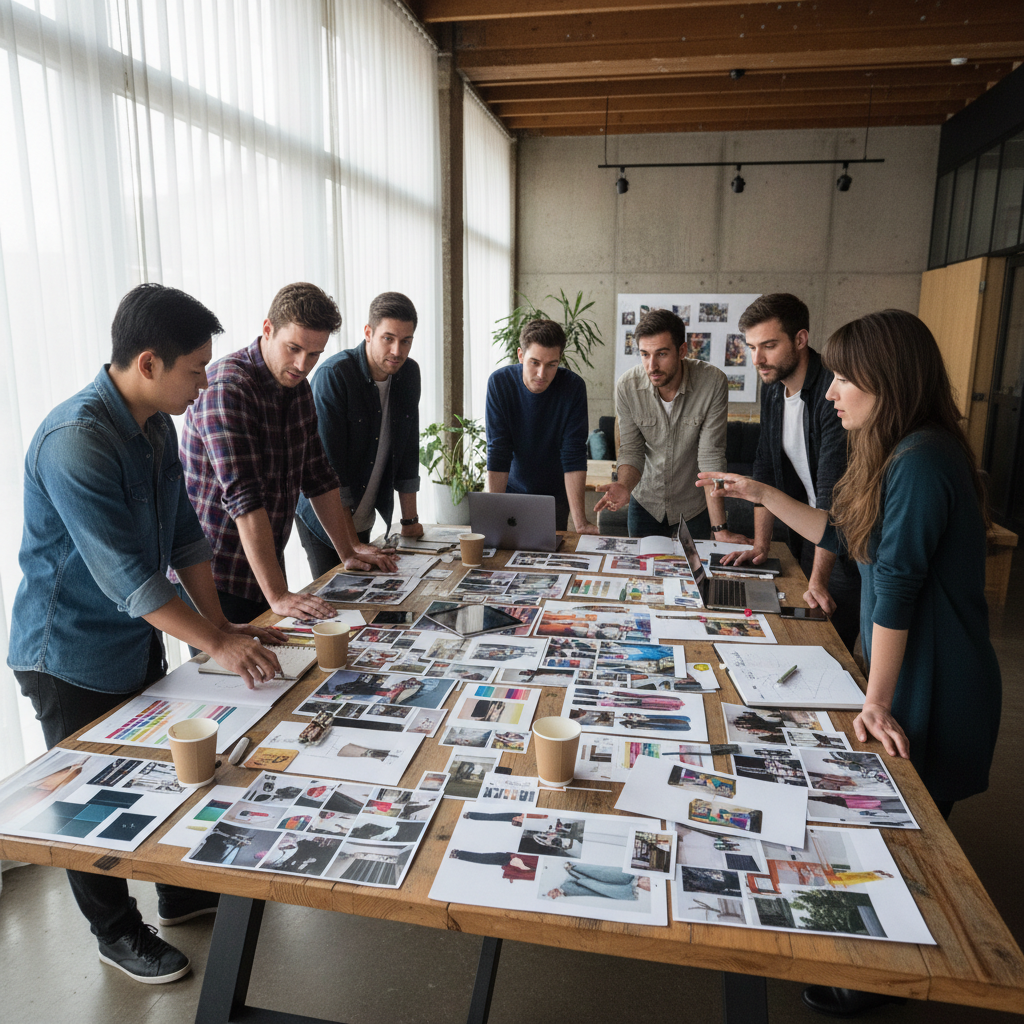 Brand strategy workshop with creative agency team reviewing campaign mood boards, brand identity materials, and positioning frameworks on a large conference table