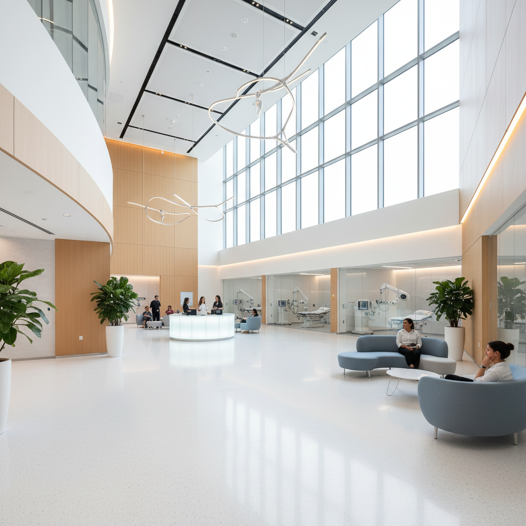 Community hospital lobby with nurses at reception desk
