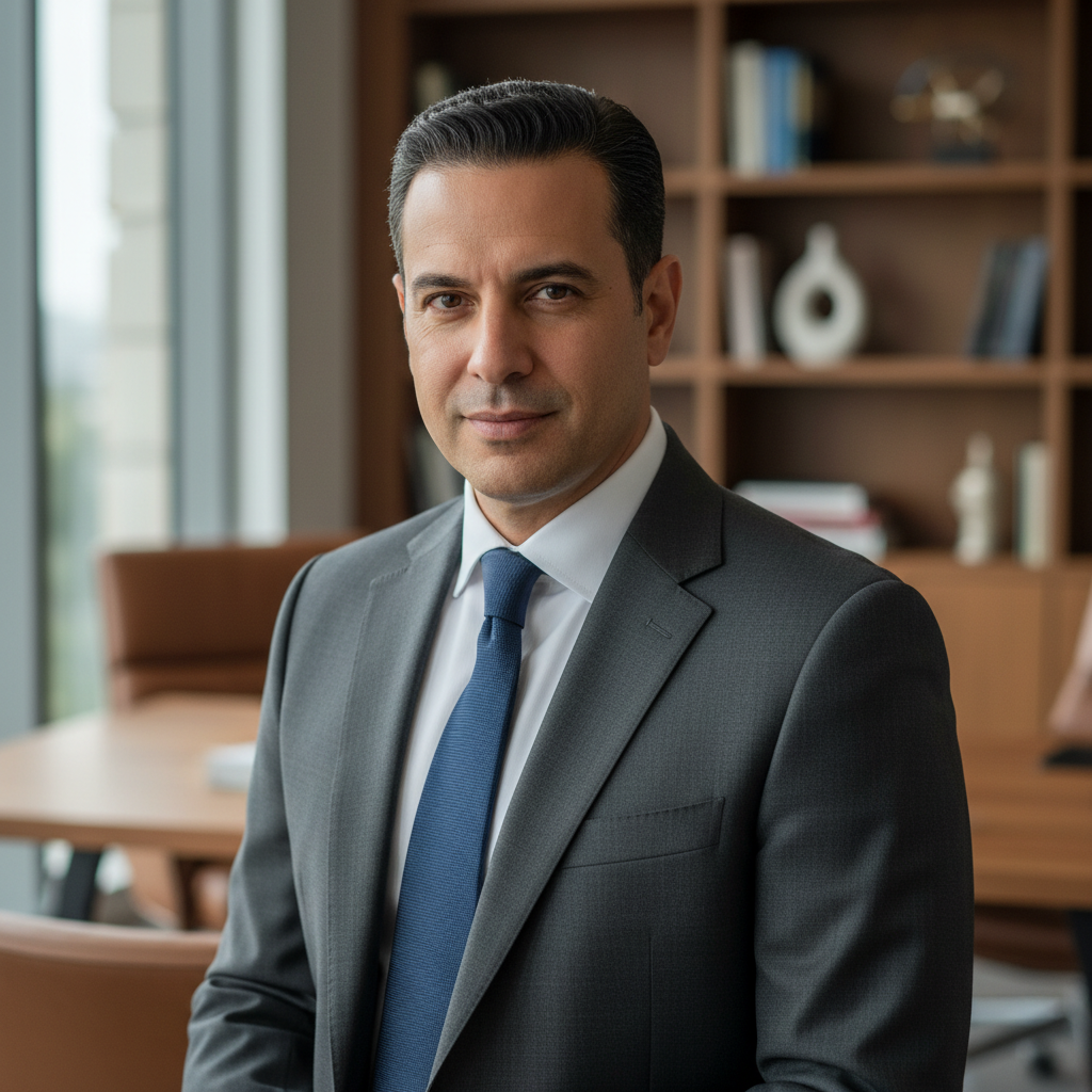 Professional Azerbaijani businessman with short dark hair, formal attire, confident expression