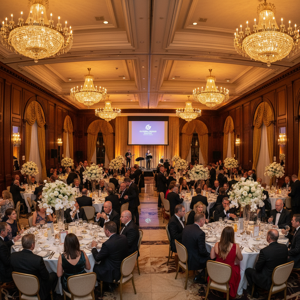 Corporate gala with warm amber lighting and elegantly dressed guests at round tables