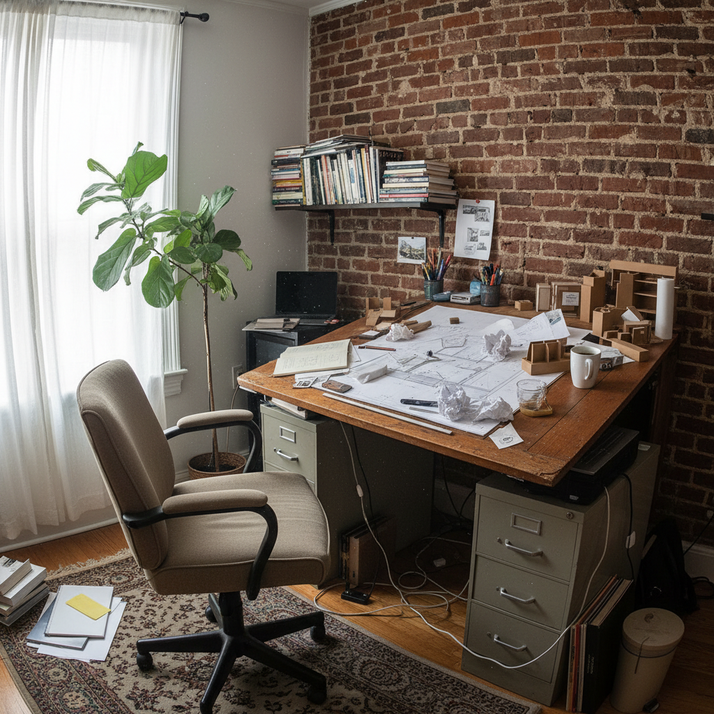 Small cramped home office in a standard apartment, makeshift drafting table against a wall