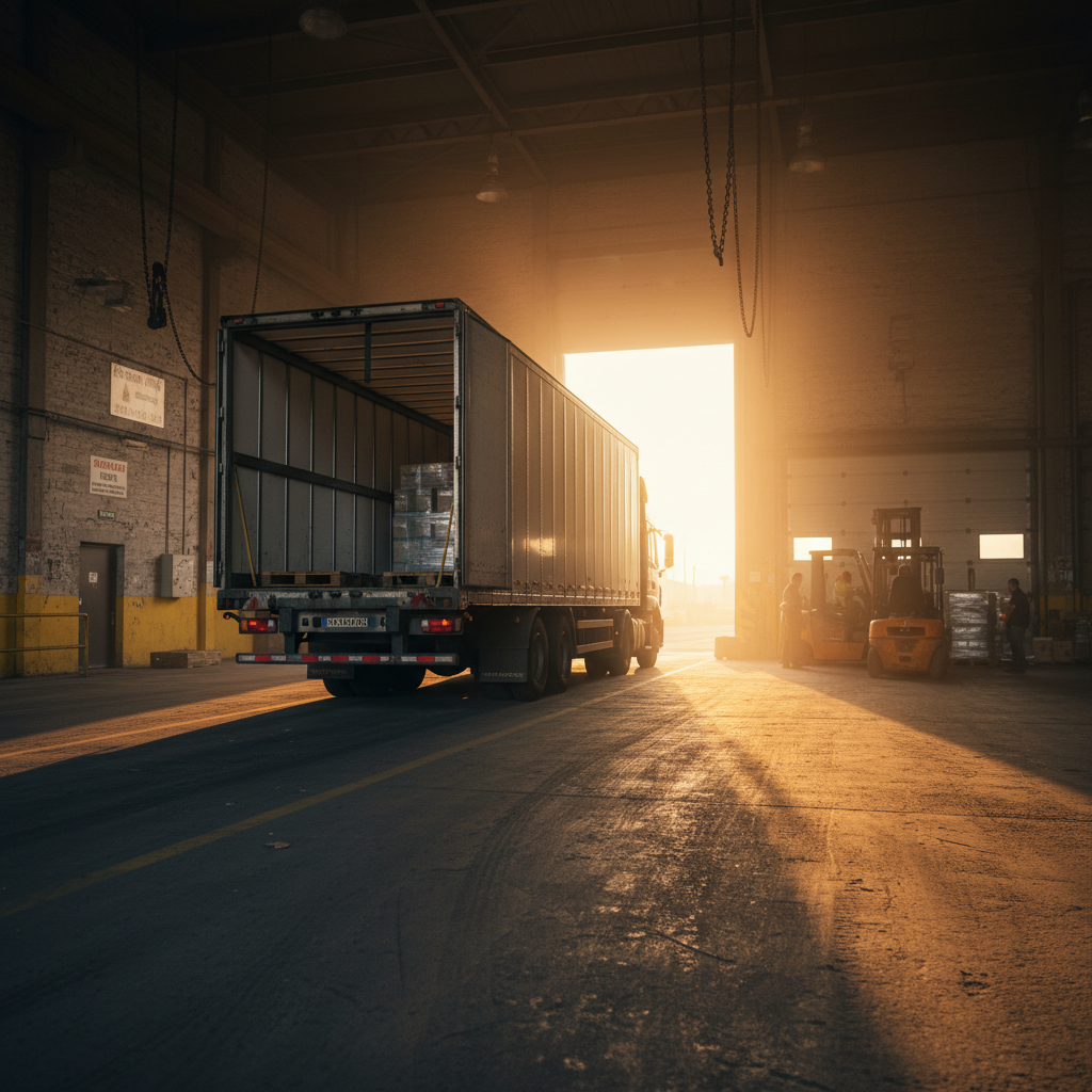 Loading dock bay with truck backed in, afternoon light slanting through warehouse doors