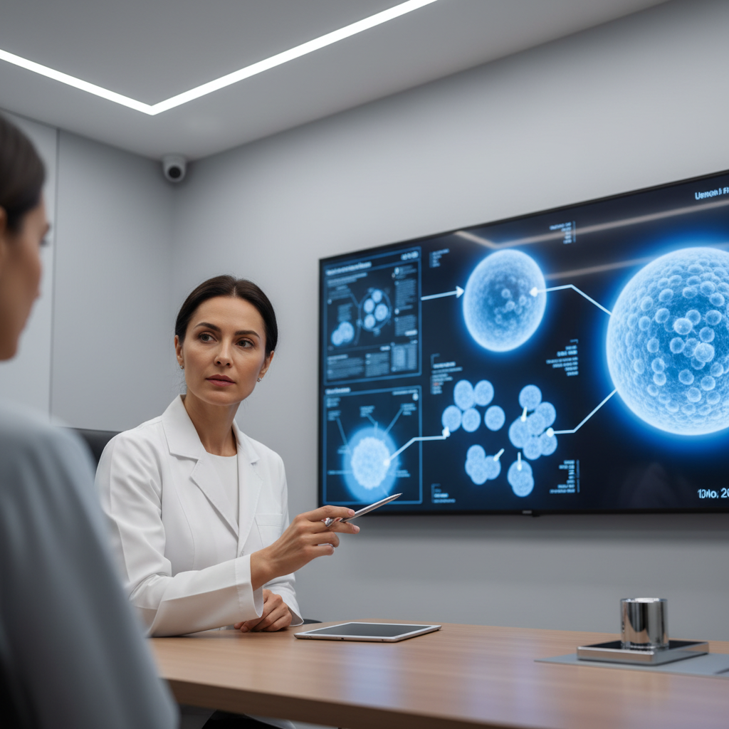 Patient on video call with pathologist, pathologist screen-sharing histology slide images while explaining findings