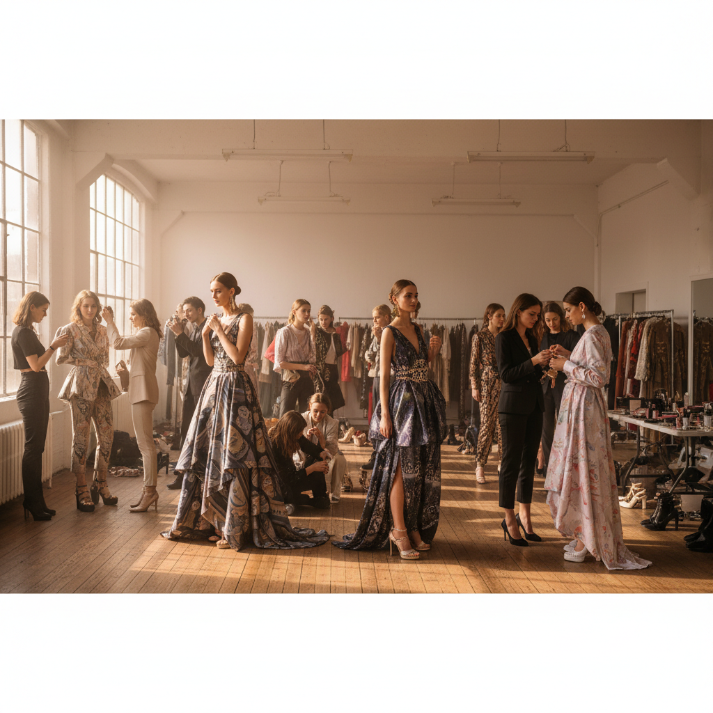 Fashion week backstage with models and stylists, bright backstage lighting, well-lit dressing area, professional setting