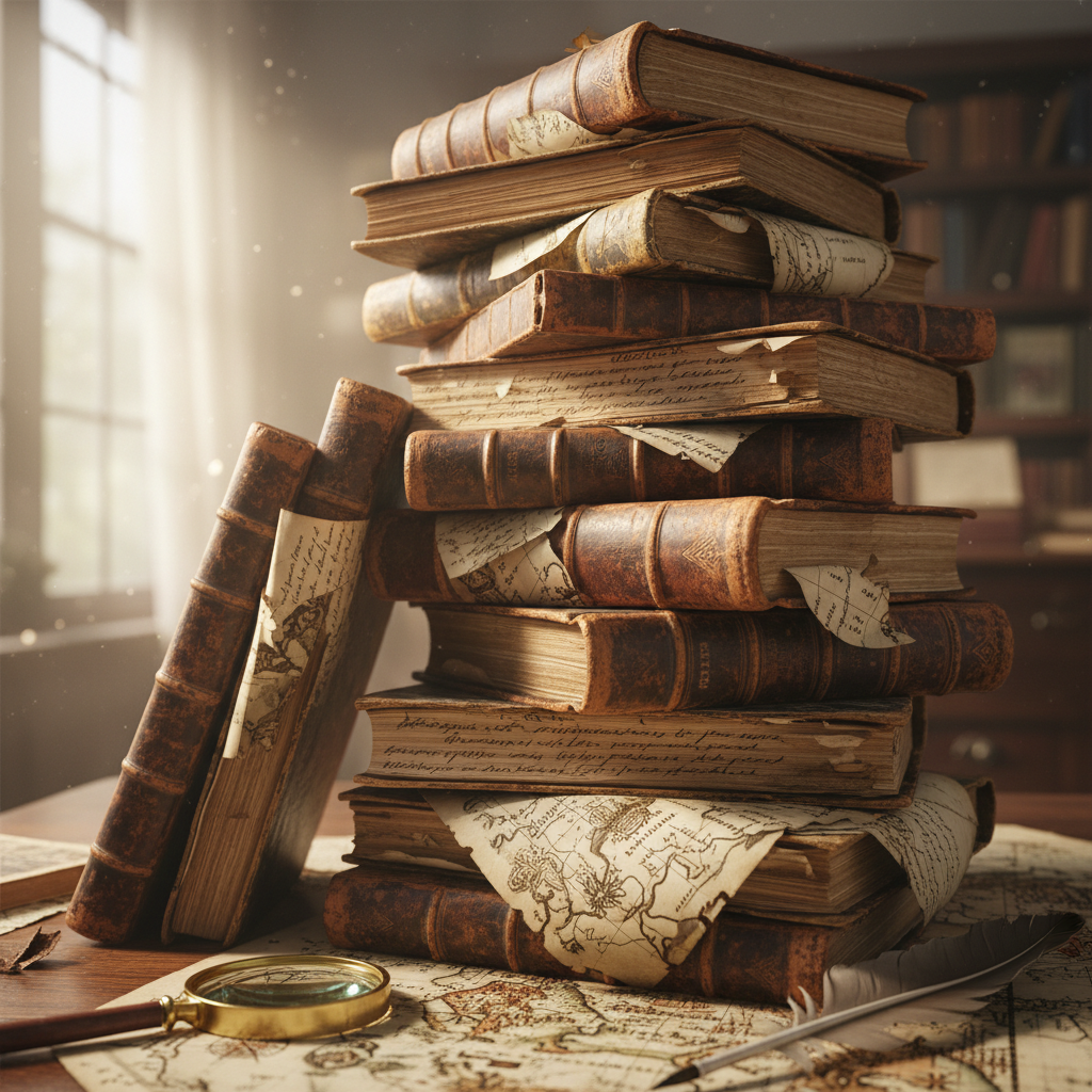 Stack of aged books with handwritten marginalia and historical maps visible
