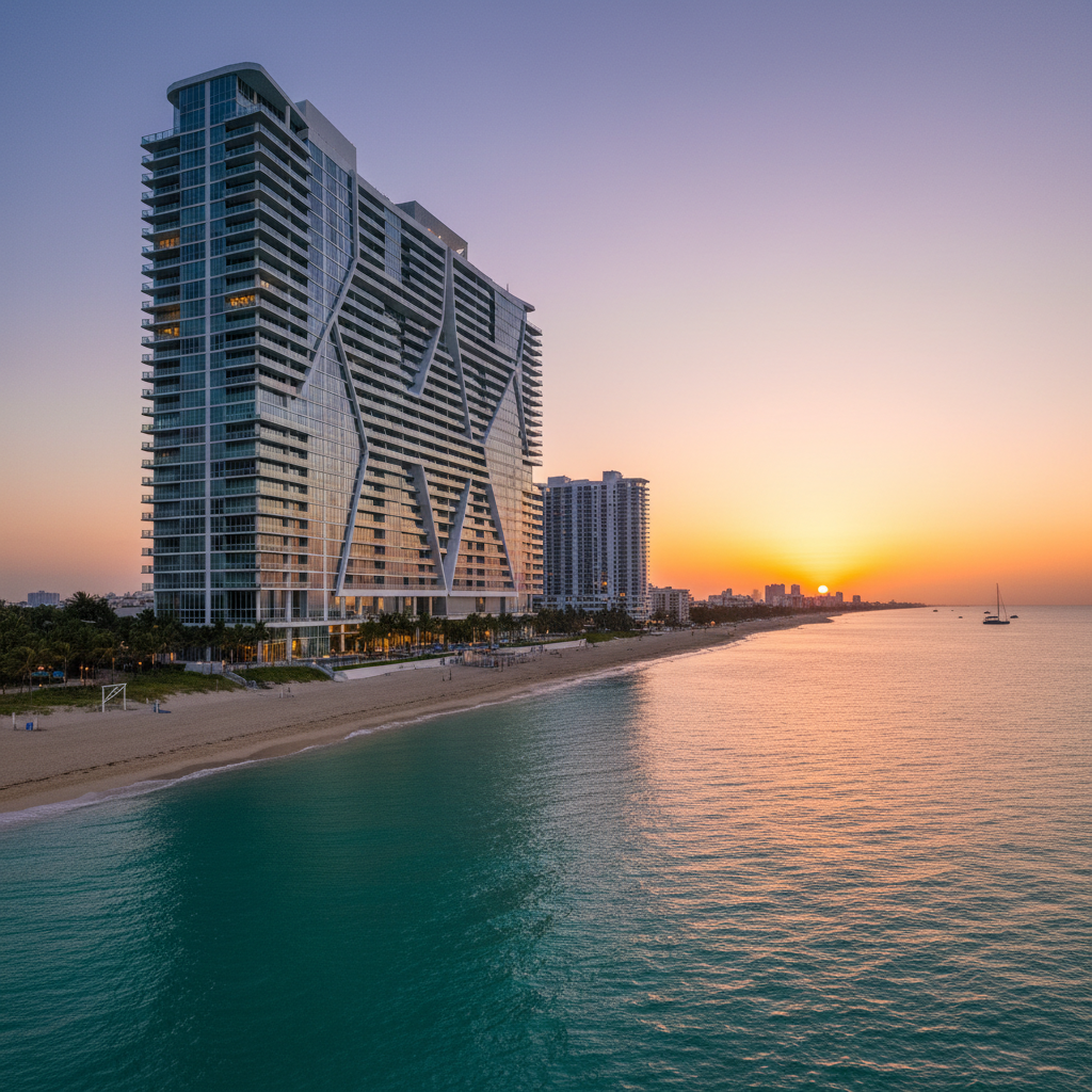 Luxury oceanfront condominium tower with balconies overlooking turquoise Miami beach at dusk