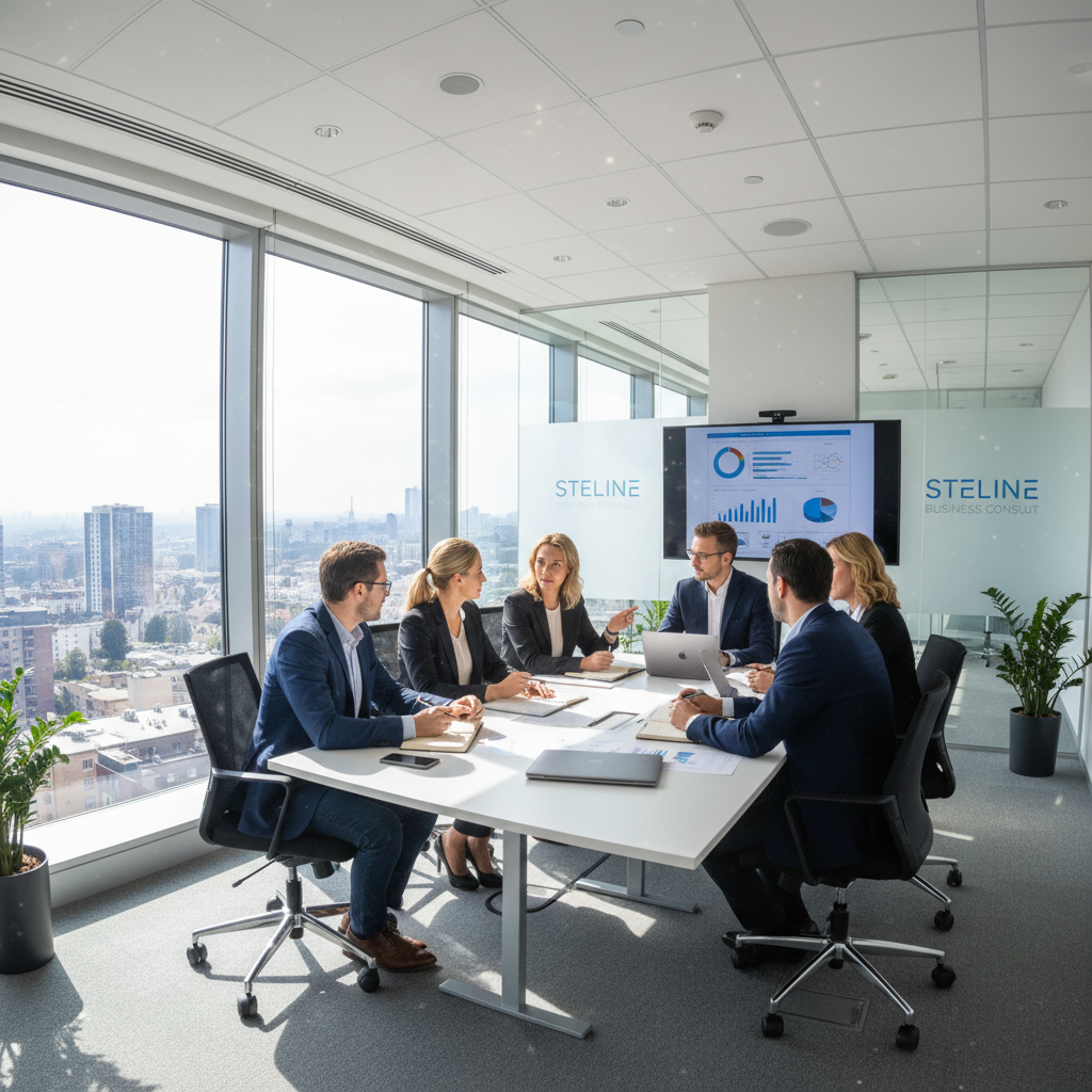 Steline Business Consult team members collaborating around a conference table in a professional office environment, Papua New Guinea
