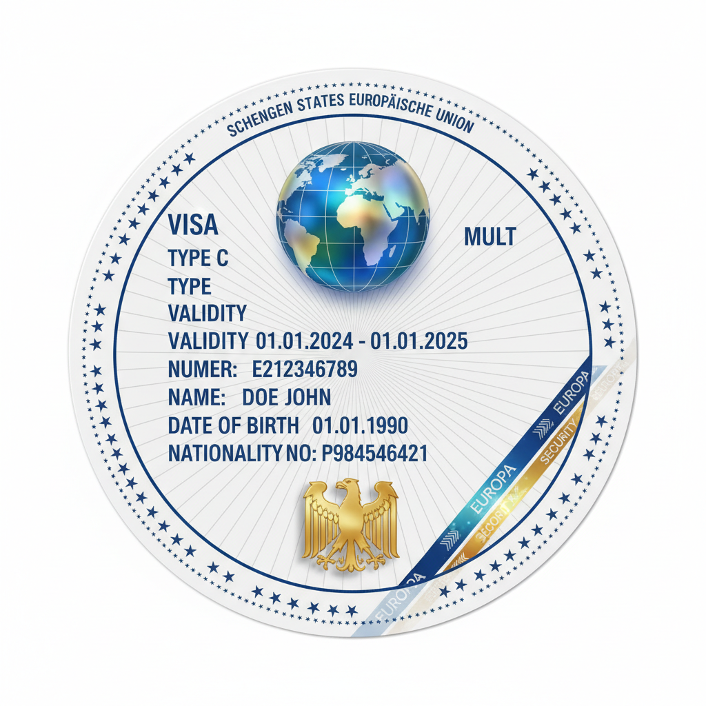 Visa sticker affixed to passport page showing entry permit with holographic elements