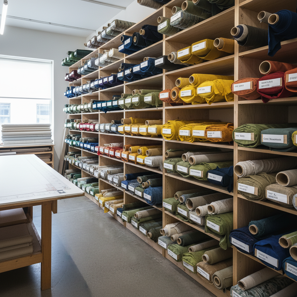 Fabric bolts organized and labeled on workshop shelving