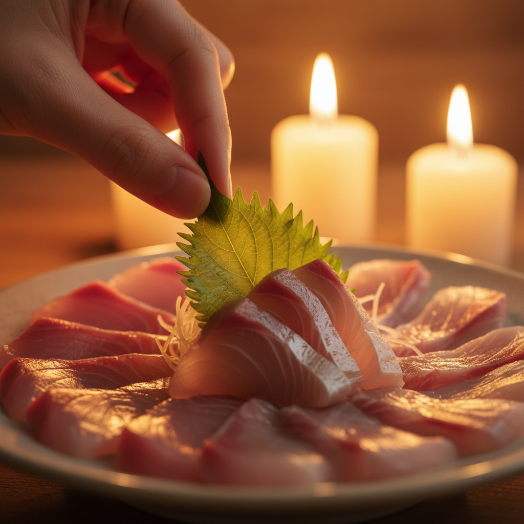 A hand placing a single shiso leaf on pale sashimi over a hinoki counter, candlelight behind