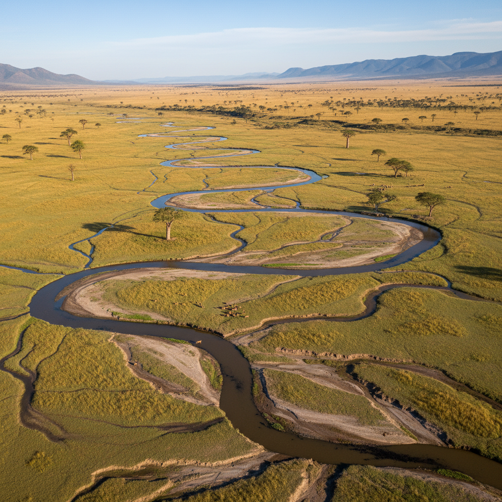Aerial view of African wilderness at golden hour, vast savanna plains stretching to the horizon