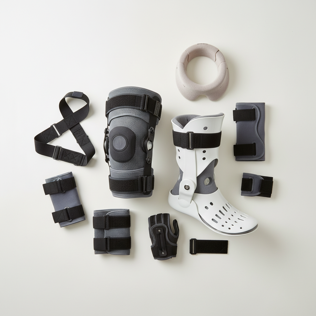 Orthopaedic supplies — knee brace and support equipment in bright clinical rehabilitation room