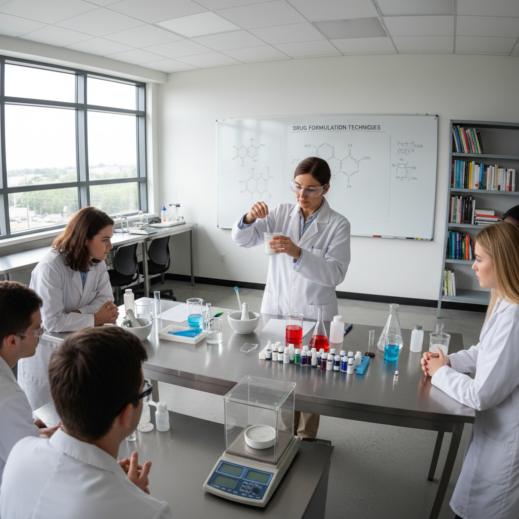 Expert pharmacist conducting hands-on workshop on drug formulation techniques
