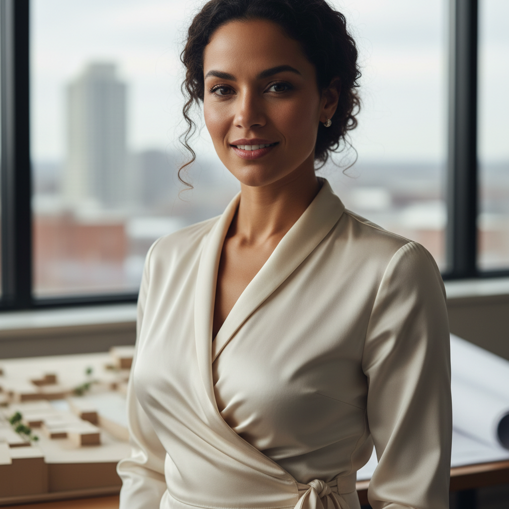 Portrait of Margot Ellison, architect wearing a silk wrap