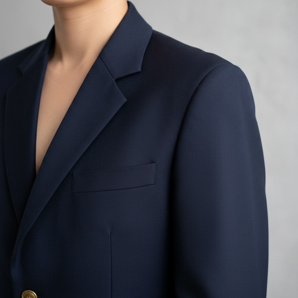 Same navy blazer after precision shoulder alteration — perfect fit