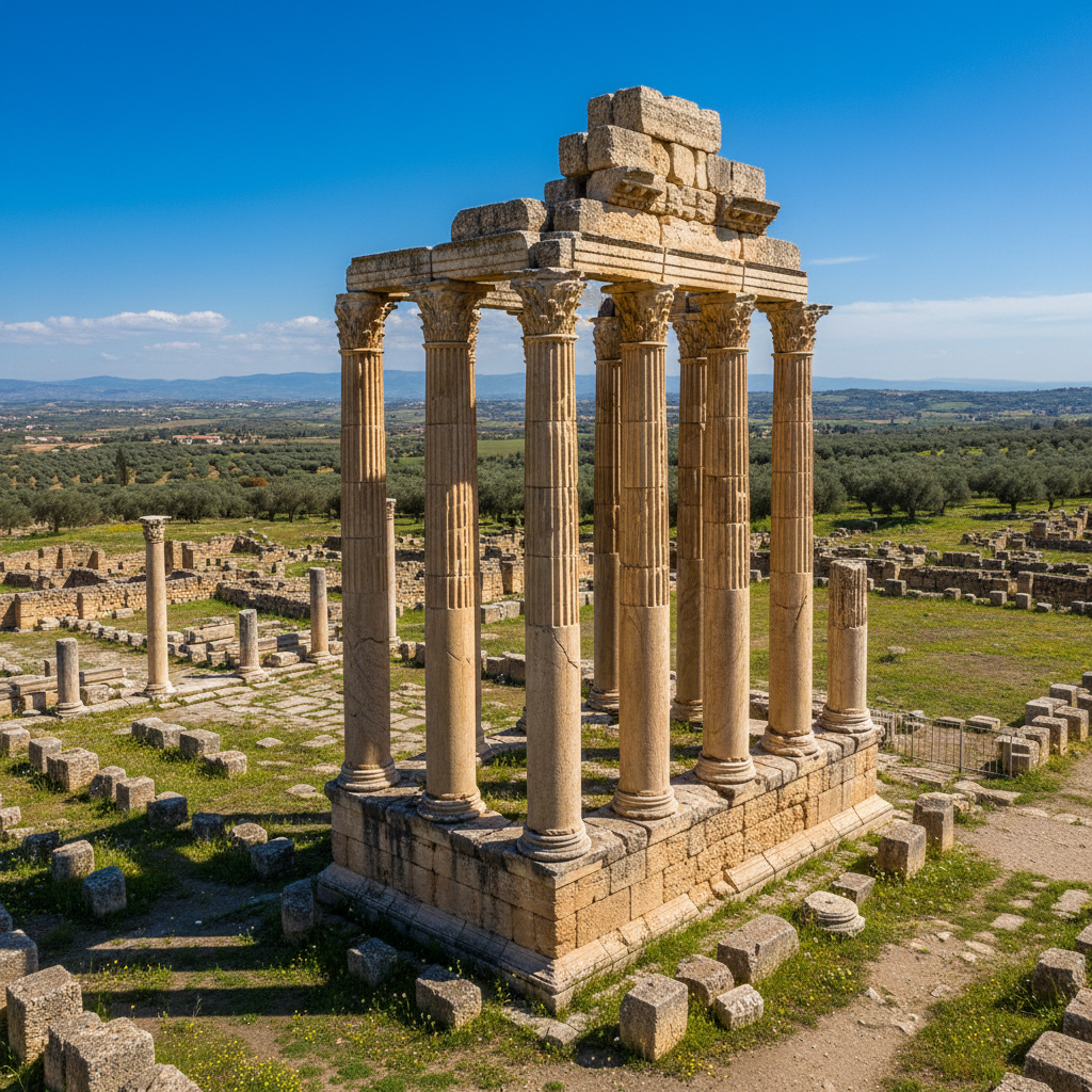 Ancient Roman ruins of Volubilis with tall columns against a blue sky in Morocco