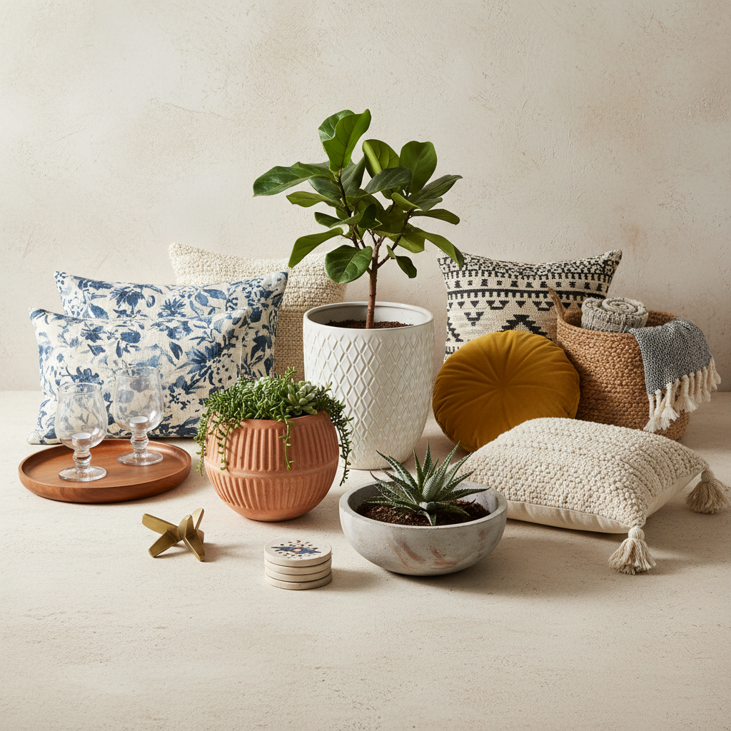 Home Decor category — Planters, cushions & more, bright natural light, minimal styling