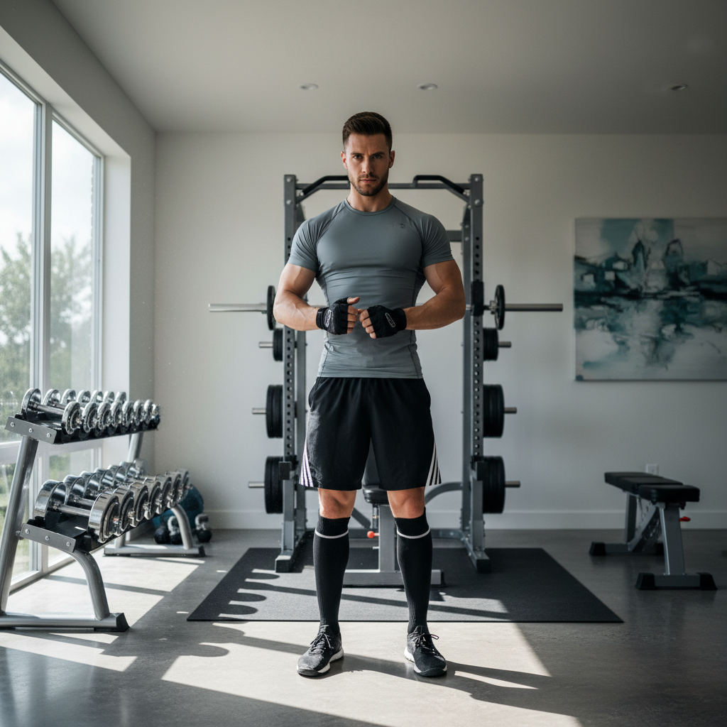 Fit young white man in a gym setting, athletic wear, motivational posture