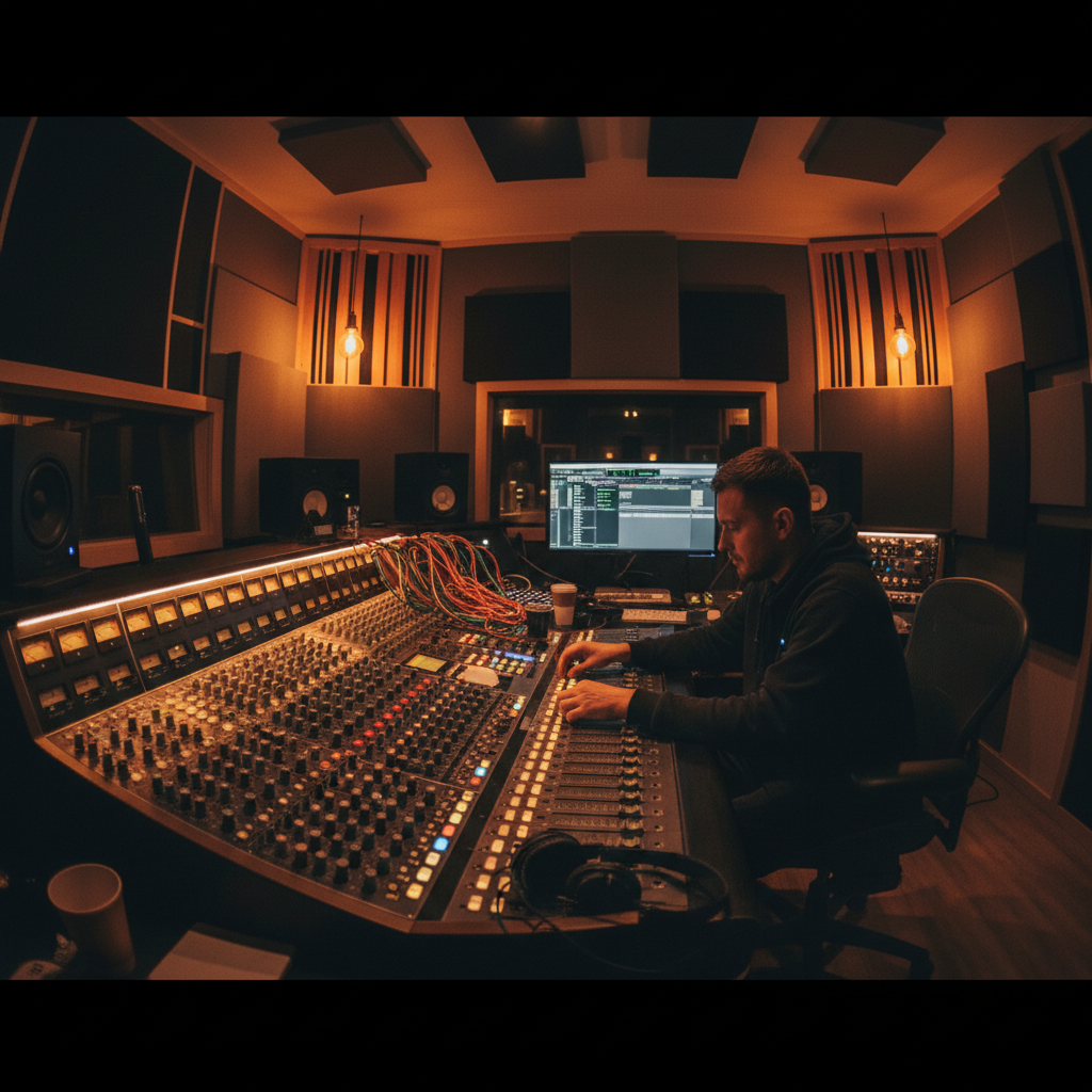 Hip-hop producer at mixing console in a treated studio room with dim amber lighting