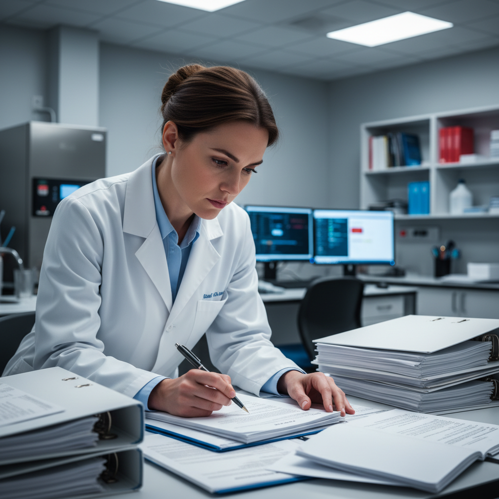 Medical researcher reviewing clinical documents under cool laboratory lighting, dark blue-green tones, sterile environment