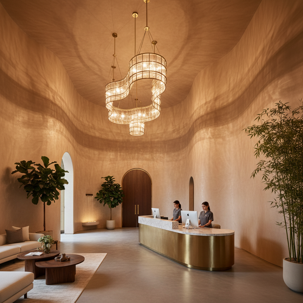 Private wellness practice reception with sculptural light installation, warm plaster walls and brass fixtures