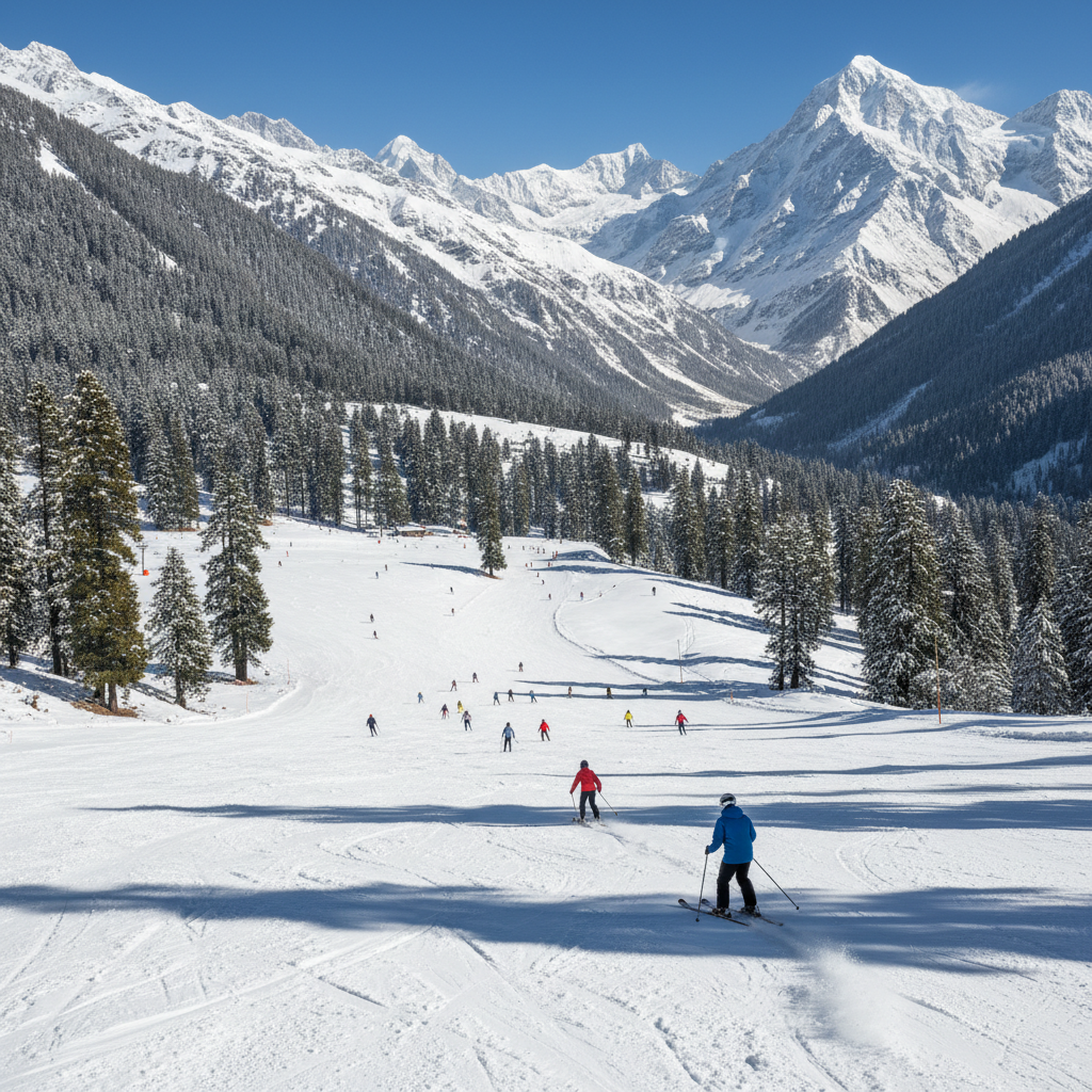 Skier on white Gulmarg snow slope with pine trees on hillside, clear sky, powder snow spray, dramatic mountain backdrop