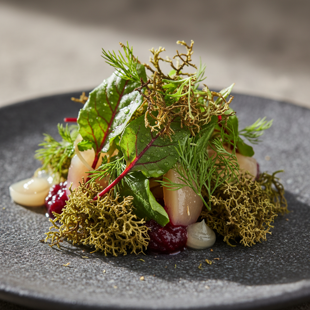 Minimalist Nordic meal kit with foraged herbs, fermented elements, and handwritten recipe on grey linen