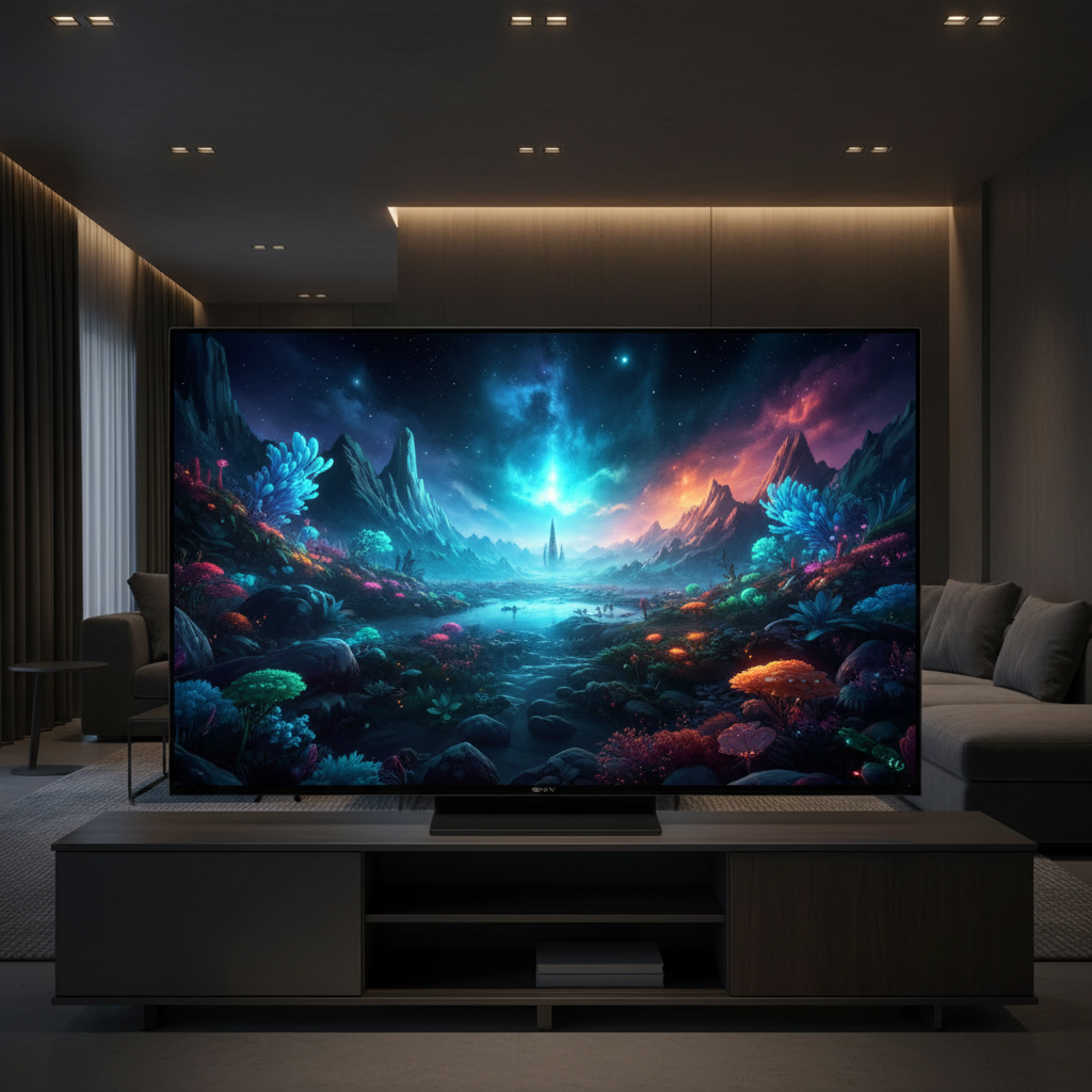 Large flat screen television displaying vibrant colors in a dark atmospheric living room