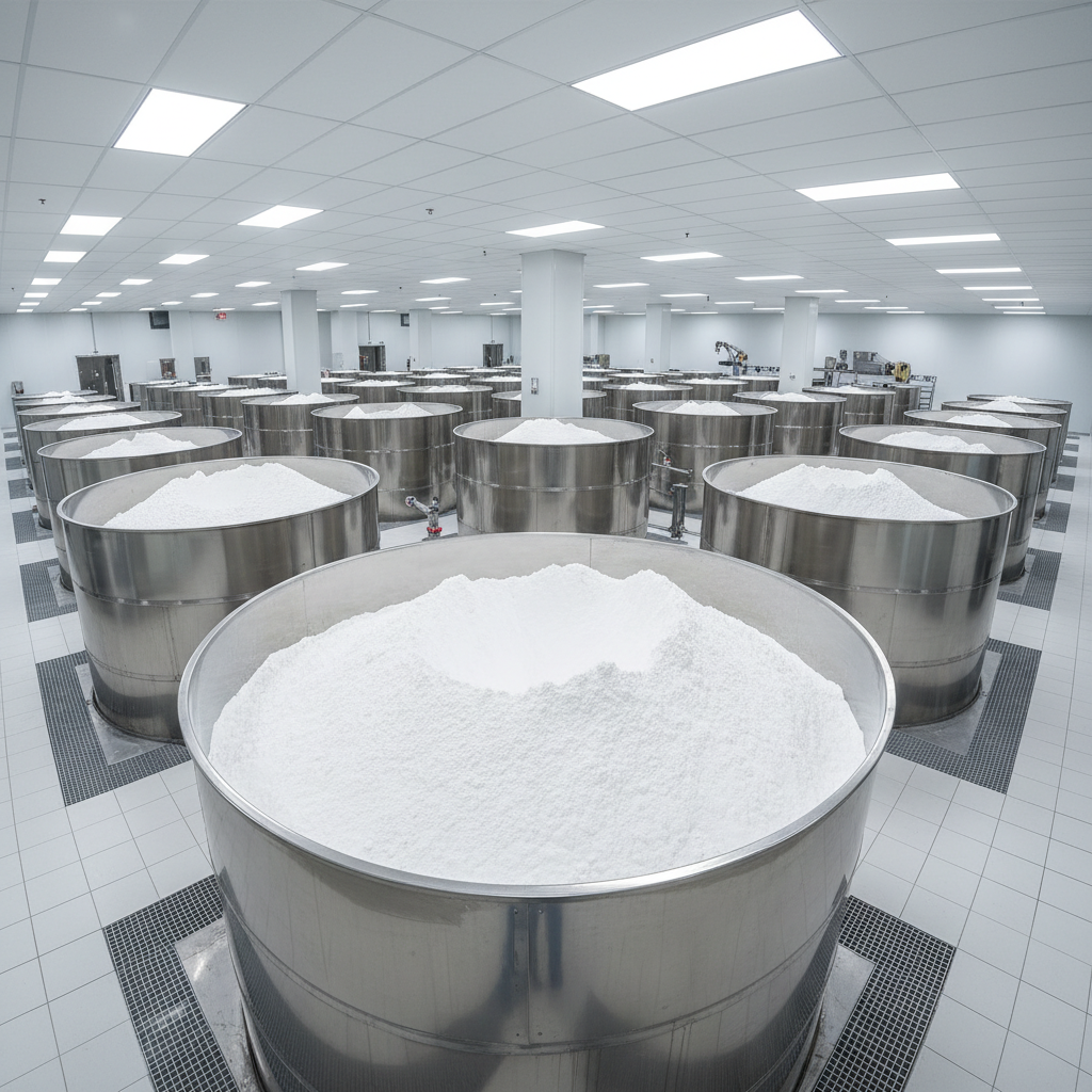 Bright white titanium dioxide pigment powder in industrial packaging
